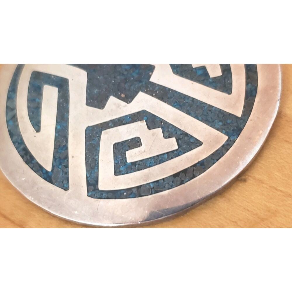 Vintage Taxco Pendant Big Sterling Inlay Turquoise Chip Aztec Native Mexico - Picture 8 of 10